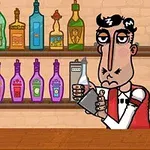 Nhân viên pha chế với biểu cảm chán nản đứng sau quầy bar, xung quanh là các chai rượu đầy màu sắc và một bát chanh