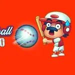 Một nhân vật hoạt hình mặc đồng phục bóng chày, đội mũ bảo hiểm, cầm gậy, chuẩn bị đánh một quả bóng với nền màu cam