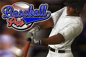 Cầu thủ bóng chày đang đánh bóng với dòng chữ Baseball Pro và hình ảnh quả bóng chày bên cạnh