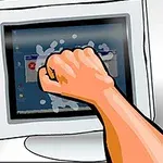Một cánh tay đấm vào màn hình máy tính, tạo hiệu ứng vỡ kính