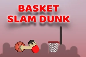 Hình ảnh một nhân vật hoạt hình đang úp rổ với quả bóng rổ, cùng dòng chữ lớn BASKET SLAM DUNK trên nền màu hồng nhạt
