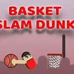 Hình ảnh một nhân vật hoạt hình đang úp rổ với quả bóng rổ, cùng dòng chữ lớn BASKET SLAM DUNK trên nền màu hồng nhạt