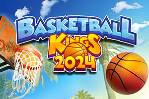 Hình ảnh có dòng chữ Basketball Kings 2024 với một quả bóng rổ và rổ bóng trên nền bầu trời xanh và cây cọ