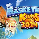 Hình ảnh có dòng chữ Basketball Kings 2024 với một quả bóng rổ và rổ bóng trên nền bầu trời xanh và cây cọ