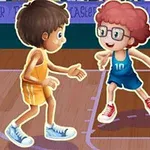 Hai nhân vật hoạt hình đang chơi bóng rổ trên sân, một người mặc đồ vàng và người kia mặc đồ xanh, đang dẫn bóng