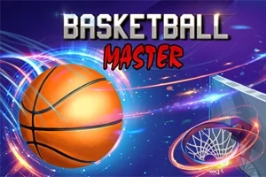 Hình ảnh quả bóng rổ bay về phía rổ với chữ BASKETBALL MASTER nổi bật trên nền sáng tạo
