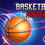 Hình ảnh quả bóng rổ bay về phía rổ với chữ BASKETBALL MASTER nổi bật trên nền sáng tạo
