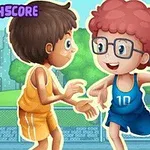 Hai cậu bé hoạt hình đang chơi bóng rổ trên sân ngoài trời, với cậu bé tóc xoăn đeo kính giữ bóng