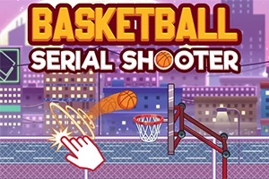 Hình ảnh minh họa một sân bóng rổ với một quả bóng bay vào rổ, kèm theo dòng chữ Basketball Serial Shooter