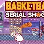 Hình ảnh minh họa một sân bóng rổ với một quả bóng bay vào rổ, kèm theo dòng chữ Basketball Serial Shooter