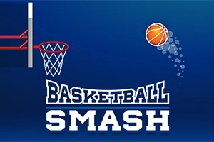 Hình ảnh có một quả bóng rổ đang bay về phía rổ trên nền xanh, với chữ Basketball Smash ở phía dưới
