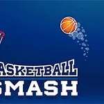 Hình ảnh có một quả bóng rổ đang bay về phía rổ trên nền xanh, với chữ Basketball Smash ở phía dưới