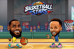 Hai nhân vật hoạt hình đang chơi bóng rổ trên sân với khán giả phía sau và logo Basketball Stars ở trên