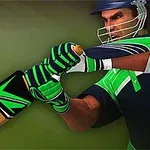 Một vận động viên cricket đang đánh bóng với gậy cricket, mặc trang phục màu xanh lá và xanh dương, đội mũ bảo hiểm