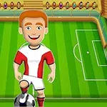 Nhân vật hoạt hình mặc đồ bóng đá đỏ trắng đứng trên sân cỏ cùng quả bóng