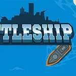 Hình ảnh này có nền màu xanh với từ BATTLESHIP dạng chữ lớn nổi bật và hình bóng chiếc tàu chiến phía sau, cùng với một chiếc tàu nhỏ hơn nằm dưới bên phải