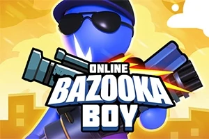 Nhân vật màu xanh đội mũ và đeo kính râm cầm bazooka, phía trước có dòng chữ Online Bazooka Boy