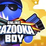 Nhân vật màu xanh đội mũ và đeo kính râm cầm bazooka, phía trước có dòng chữ Online Bazooka Boy