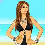Người phụ nữ mặc đồ bơi màu đen đứng bên bãi biển với khung cảnh trời xanh và thuyền buồm phía xa
