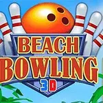 Quả bóng bowling màu cam nằm trước các ki chính, với chữ Beach Bowling 3D nổi bật ở trung tâm, xung quanh là cảnh bãi biển và cây cọ