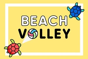 Hình ảnh có nền màu vàng với dòng chữ BEACH VOLLEY ở giữa, cùng hai con rùa nhỏ màu đỏ và xanh ở góc trên và dưới