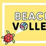 Hình ảnh có nền màu vàng với dòng chữ BEACH VOLLEY ở giữa, cùng hai con rùa nhỏ màu đỏ và xanh ở góc trên và dưới