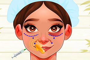 Một cô gái hoạt hình với mũ y tế, mặt có các dấu chấm và đường nét màu xanh, cùng một bàn tay chỉ và một ống tiêm
