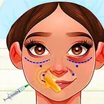 Một cô gái hoạt hình với mũ y tế, mặt có các dấu chấm và đường nét màu xanh, cùng một bàn tay chỉ và một ống tiêm