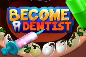 Tiêu đề BECOME A DENTIST trên nền hình ảnh răng sâu và các dụng cụ nha khoa