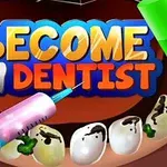 Tiêu đề BECOME A DENTIST trên nền hình ảnh răng sâu và các dụng cụ nha khoa