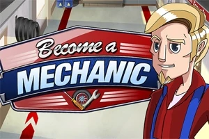 Hình ảnh có một nhân vật hoạt hình đứng cạnh biển hiệu lớn với chữ Become a Mechanic phía trước một gara ô tô