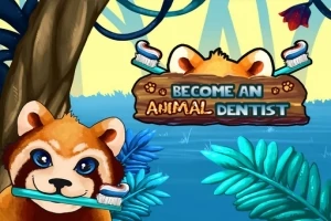 Gấu trúc đỏ cầm bàn chải đánh răng trong khu rừng xanh tươi với biển chữ Become an Animal Dentist cùng hình ảnh bàn chải