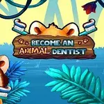 Gấu trúc đỏ cầm bàn chải đánh răng trong khu rừng xanh tươi với biển chữ Become an Animal Dentist cùng hình ảnh bàn chải