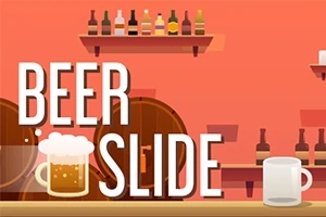 Hình ảnh hiển thị một cốc bia đầy bọt trên quầy bar, với bối cảnh là các chai rượu trên kệ và từ BEER SLIDE nổi bật