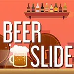 Hình ảnh hiển thị một cốc bia đầy bọt trên quầy bar, với bối cảnh là các chai rượu trên kệ và từ BEER SLIDE nổi bật