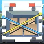 Xe tải chở hàng với thùng carton bên trong được cố định bằng dây đai màu xanh và vàng, đậu trên đường phố khu dân cư với các ngôi nhà hai bên