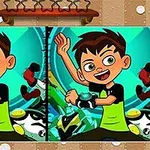 Một cậu bé hoạt hình vui vẻ giơ tay lên, đứng trước nền xanh lam với những chi tiết hoạt hình xung quanh