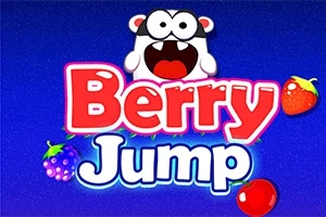 Chữ Berry Jump với một nhân vật hoạt hình phía trên và các quả mọng xung quanh trên nền xanh