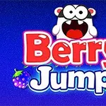 Chữ Berry Jump với một nhân vật hoạt hình phía trên và các quả mọng xung quanh trên nền xanh