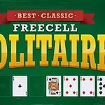 Hình ảnh có nền xanh lá cây với chữ Best Classic Freecell Solitaire và các lá bài bao gồm quân át và các quân bài khác