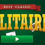 Chữ SOLITAIRE vàng nổi bật trên nền xanh, với biểu ngữ đỏ có dòng chữ BEST CLASSIC ở phía trên và một biểu tượng nút phát màu xanh lá cây phía dưới