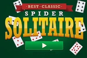 Hình ảnh có dòng chữ lớn BEST CLASSIC SPIDER SOLITAIRE trên nền xanh lá cây, với hình ảnh của các lá bài xung quanh và biểu tượng nút phát màu xanh lá cây ở phía dưới