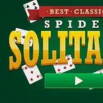 Hình ảnh có dòng chữ lớn BEST CLASSIC SPIDER SOLITAIRE trên nền xanh lá cây, với hình ảnh của các lá bài xung quanh và biểu tượng nút phát màu xanh lá cây ở phía dưới
