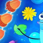 Nhân vật hoạt hình màu xanh nhìn cười, nắm một chiếc lá, với hạt sồi và hoa màu vàng trên nền xanh lam