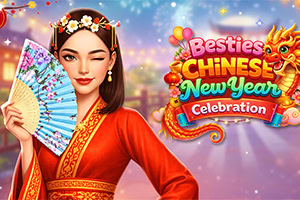 Một cô gái mặc áo đỏ truyền thống cầm quạt hoa, bên cạnh là chữ Besties Chinese New Year Celebration và hình rồng vàng trong nền pháo hoa lung linh