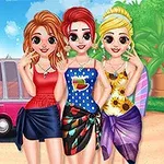 Ba cô gái trẻ mặc đồ mùa hè sặc sỡ đứng trước một chiếc xe van màu hồng trên bãi biển