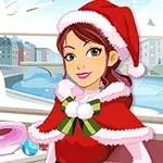 Người phụ nữ đội mũ ông già Noel đứng trước cửa sổ có khung cảnh mùa đông ở phía sau