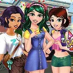 Ba nhân vật hoạt hình nữ tươi cười đứng cạnh nhau với nền trường học và bảng hiệu BFF Art Class đầy màu sắc