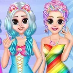 Ba cô gái hoạt hình với mái tóc nhiều màu sắc và trang phục sáng tạo, phong cách kỳ lân