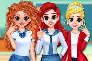 Ba nhân vật nữ hoạt hình đứng cạnh nhau, hai người mặc đồng phục học sinh và một người mặc áo khoác đỏ, với biểu cảm vui vẻ trên khuôn mặt